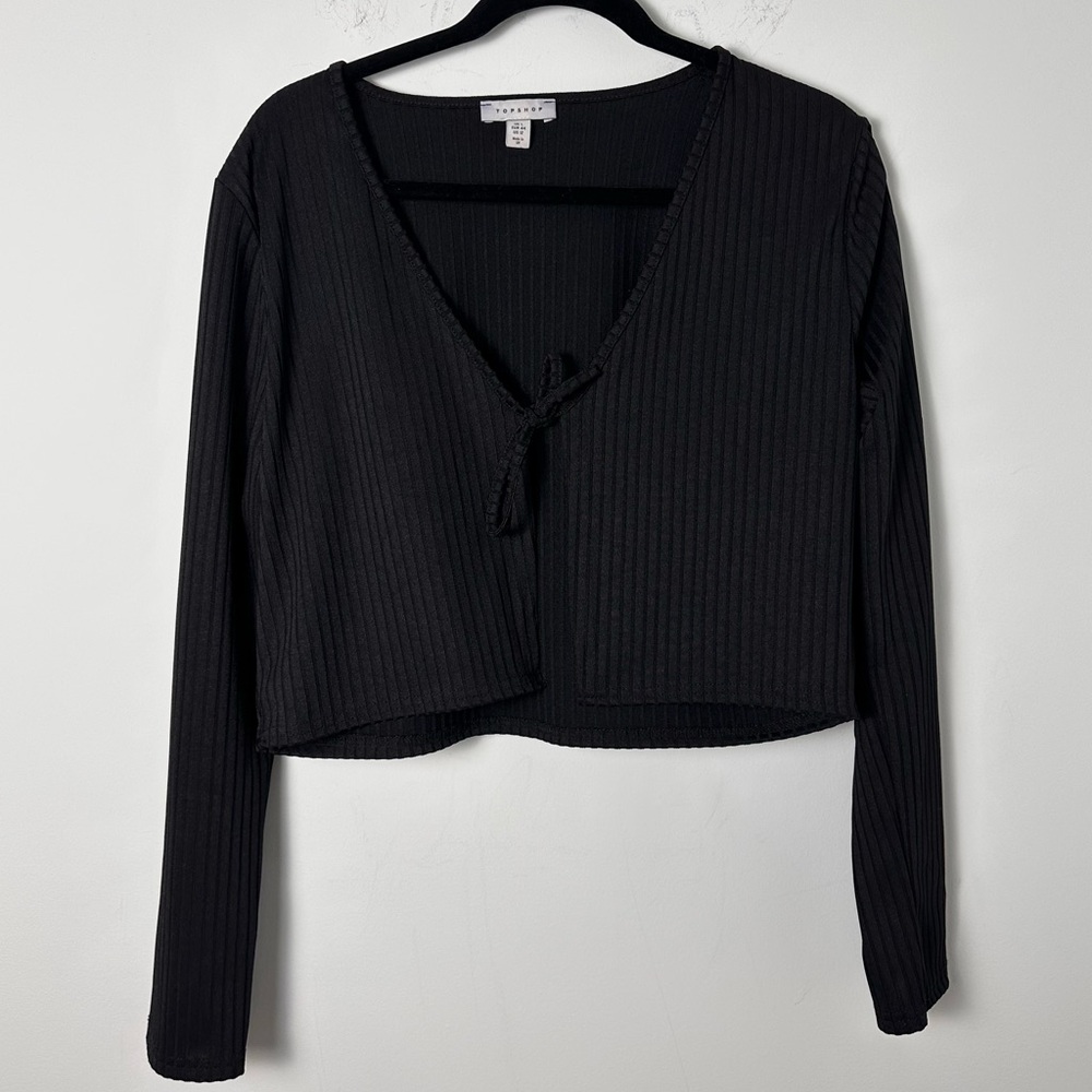 Topshop (12) Black Longsleeve Ribbed Tie Front Cardigan